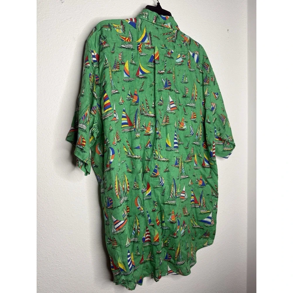 Polo Ralph Lauren Men Shirt 100% Linen‎ Sail Boat Short Sleeve Button Up Size LT